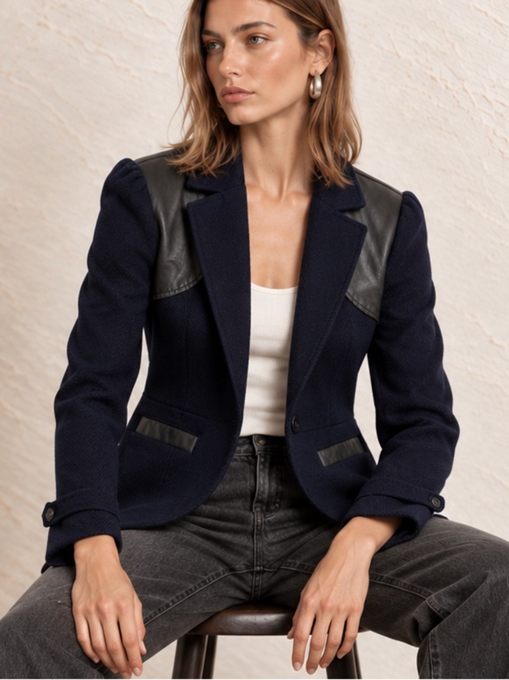 Tailored Navy Blue Blazer with Faux Leather Trim – Structured Jacket, Workwear.